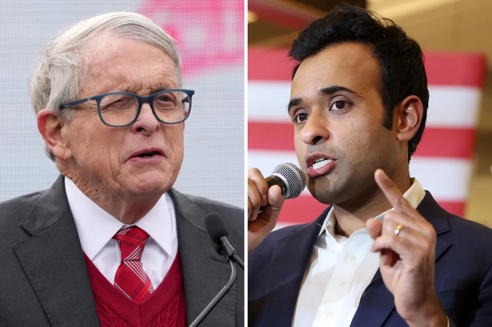 Ohio Governor Mike DeWine speaks in Columbus, Ohio on January 26, 2025. Vivek Ramaswamy speaks during a campaign event in Des Moines, Iowa on January 15, 2024.