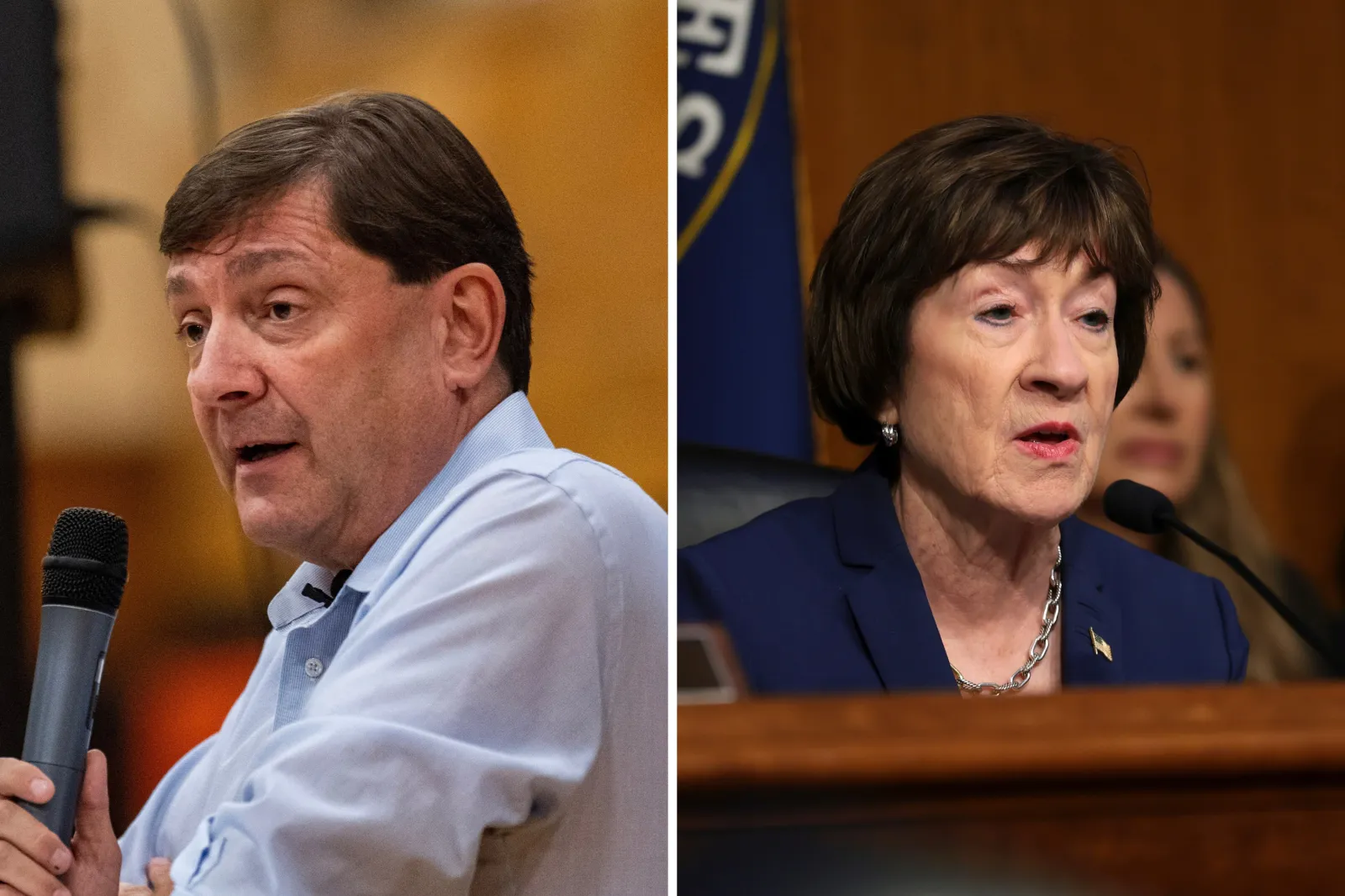 Troy Jackson speaks at a town hall, September 13, 2026, Biddeford, Maine; Susan Collins (R-ME) speaks, Capitol Hill, D.C., July 21, 2026.