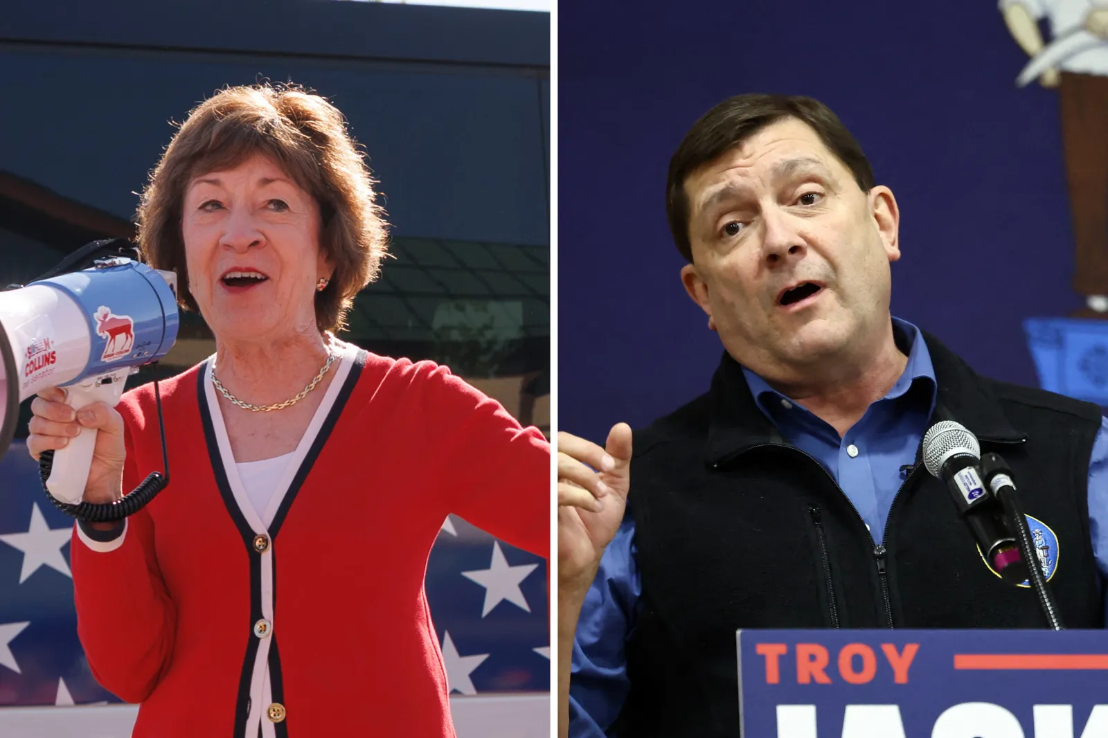 From left: Susan Collins greets supporters outside the Kittery Trading Post, August 14, 2026 in Kittery, Maine; and Troy Jackson speaks during a campaign rally in Biddeford, Maine, October 11, 2026.