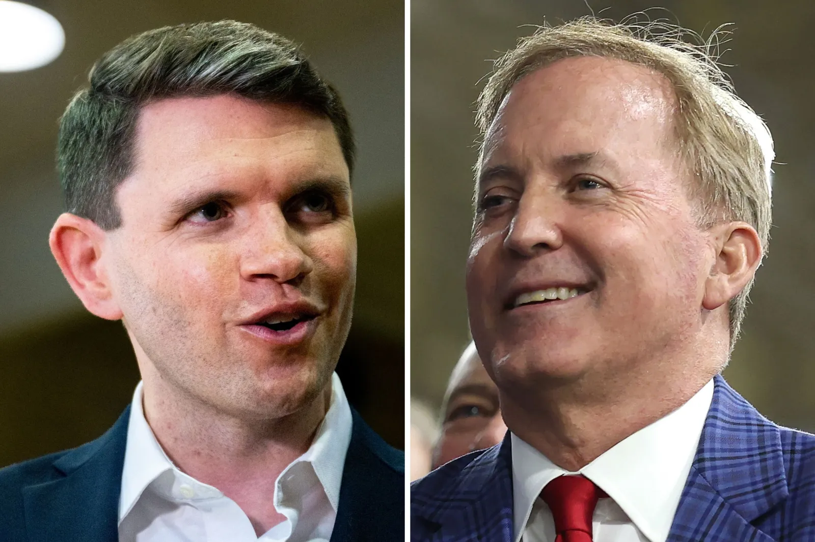 James Talarico speaking during an interview at a "Love Thy Neighbor" Statewide Grocery Drive on September 09, 2026 in Dallas, Texas (left) and Texas Attorney General Ken Paxton watching as President Donald Trump speaks during a visit to the Peterbilt Motors truck plant on October 01, 2026 in Denton, Texas (right). Getty/Brandon Bell/Kevin Dietsch