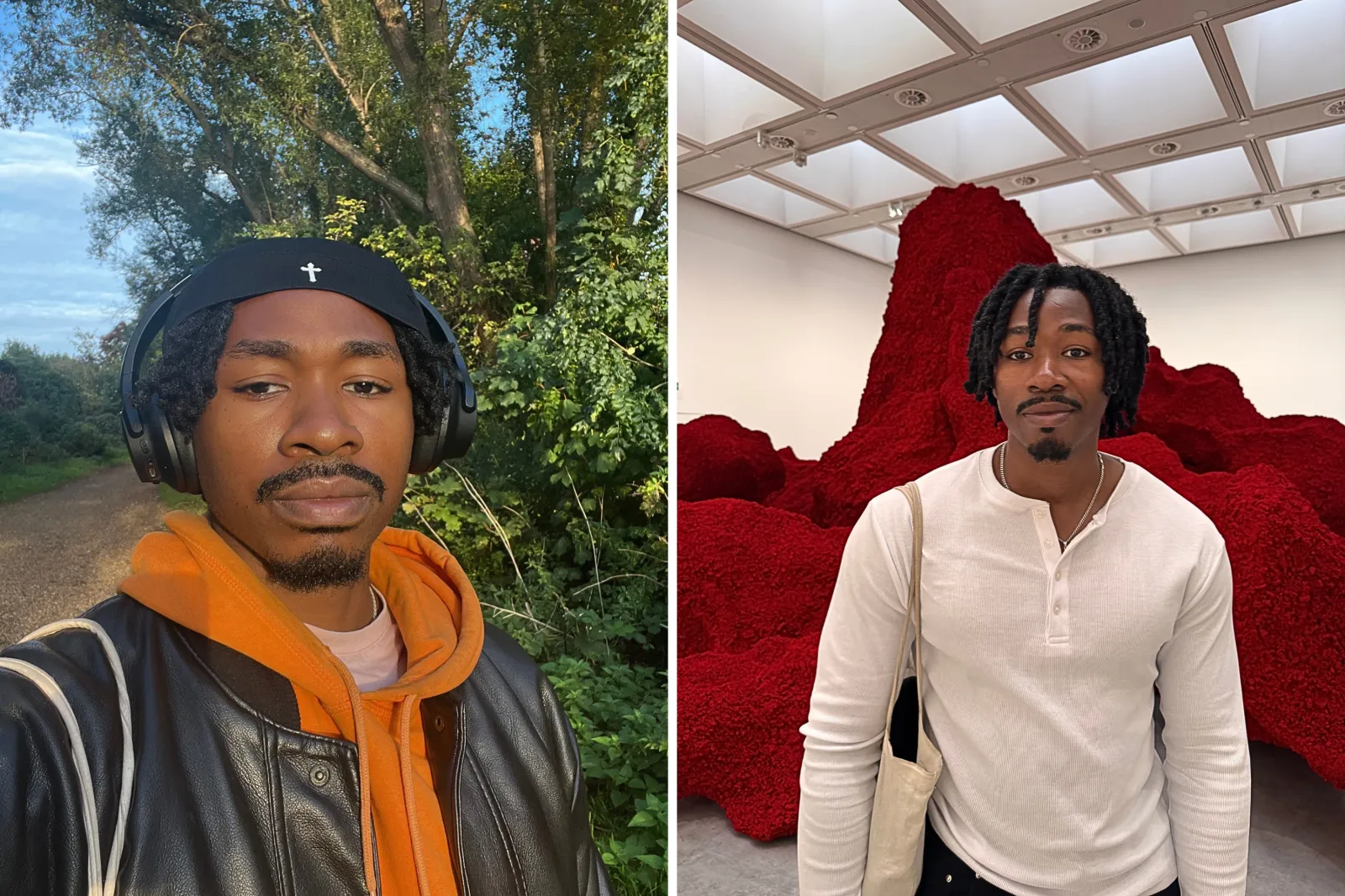 From left: Pierce (@pierceposts); poses outdoors and in an exhibition space.