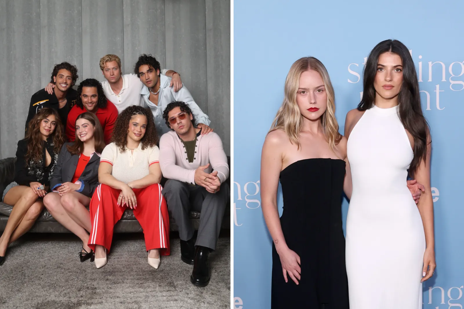 From left: Mika Abdalla, Antonio Cipriano, Ella Bright, Jalen Thomas Brooks, Louisa Levy, Stephen Kalyn, Belmont Cameli, and Josh Heuston of Off Campus on June 27, 2026 in California; and Amélie Hoeferle and Ella Rubin at Prime Video's "Sterling Point" premiere in New York City on August 3, 2026.