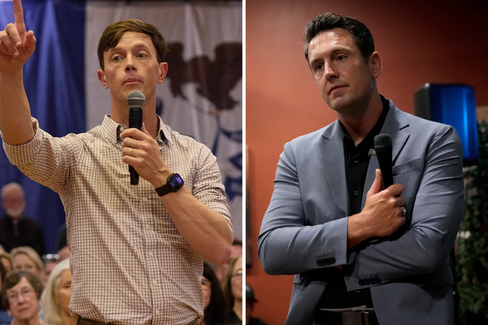 Democratic Iowa gubernatorial candidate Rob Sand, left, speaks to the crowd at the Starlite Ballroom in Davenport, Iowa, on September 29, 2026. Republican candidate Zach Lahn, right, speaks during a meet-and-greet on August 4, 2026, in Hampton, Iowa.