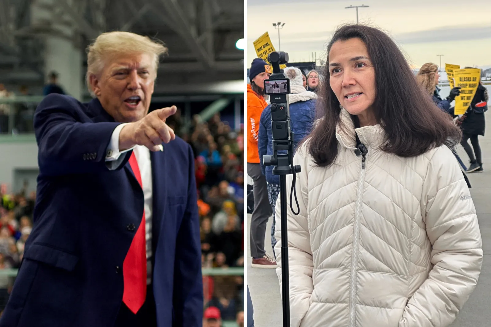 Left: US President Donald Trump gestures as he departs after speaking during a campaign rally at Curtis D. Menard Memorial Sports Center in Wasilla, Alaska, on October 13, 2026. Right: In this photo taken with a smartphone, Mary Peltola, a Democrat running for U.S. Senate in Alaska, speaks to a reporter at a picketing event for Horizon Air flight attendants Wednesday, Oct. 14, 2026, in Anchorage, Ala.