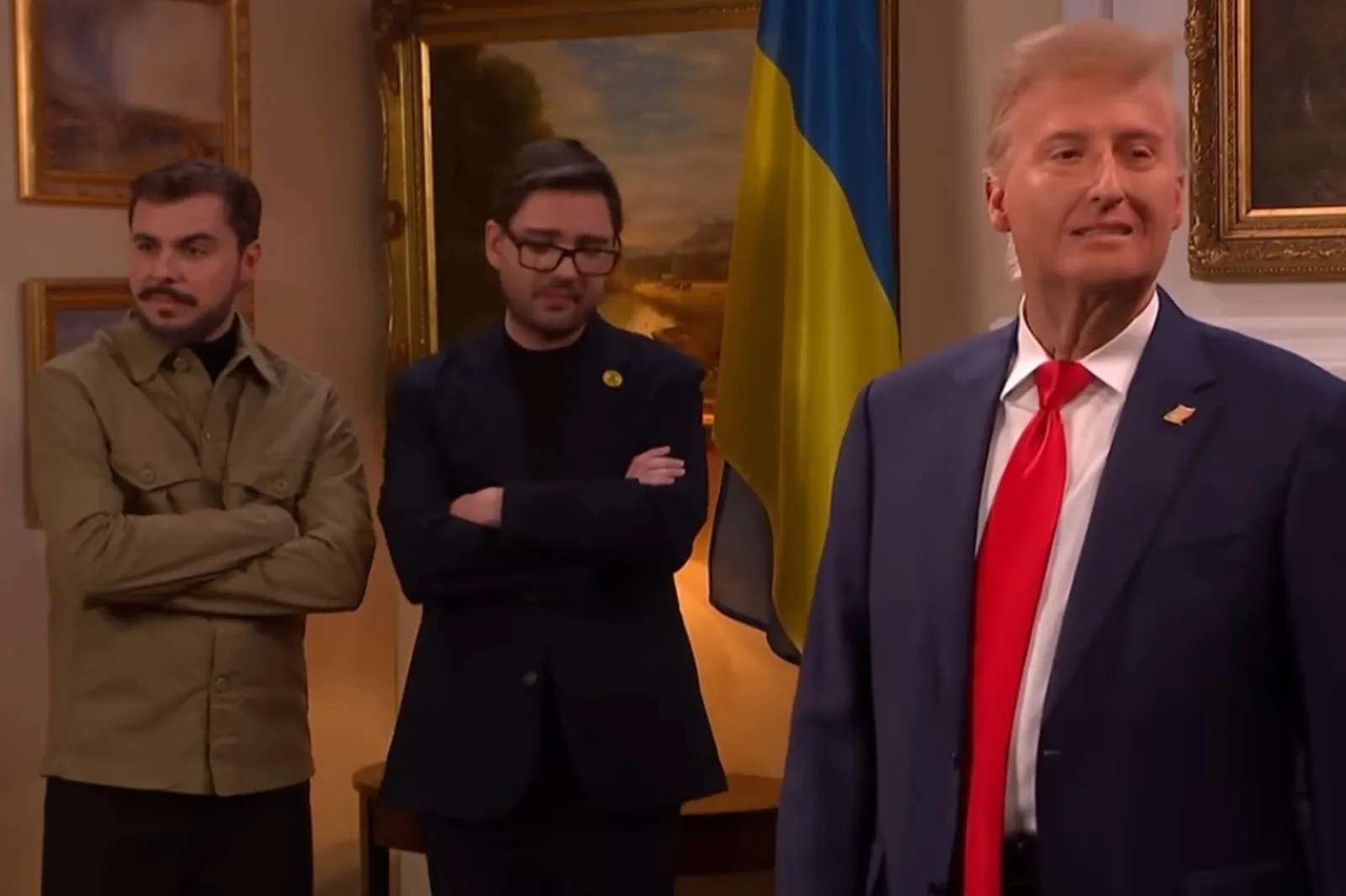 James Austin Johnson as President Donald Trump, George Fouracres as Prime Minister Andy Burnham and Freddie Meredith as Ukrainian President Volodymyr Zelenskyy during an SNL UK sketch.