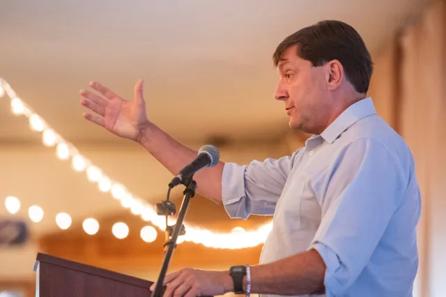 Troy Jackson speaks at the 2026 Neil Rolde York-Ogunquit Democrats Celebration Lobster Bake on September 13, 2026 in York, Maine.