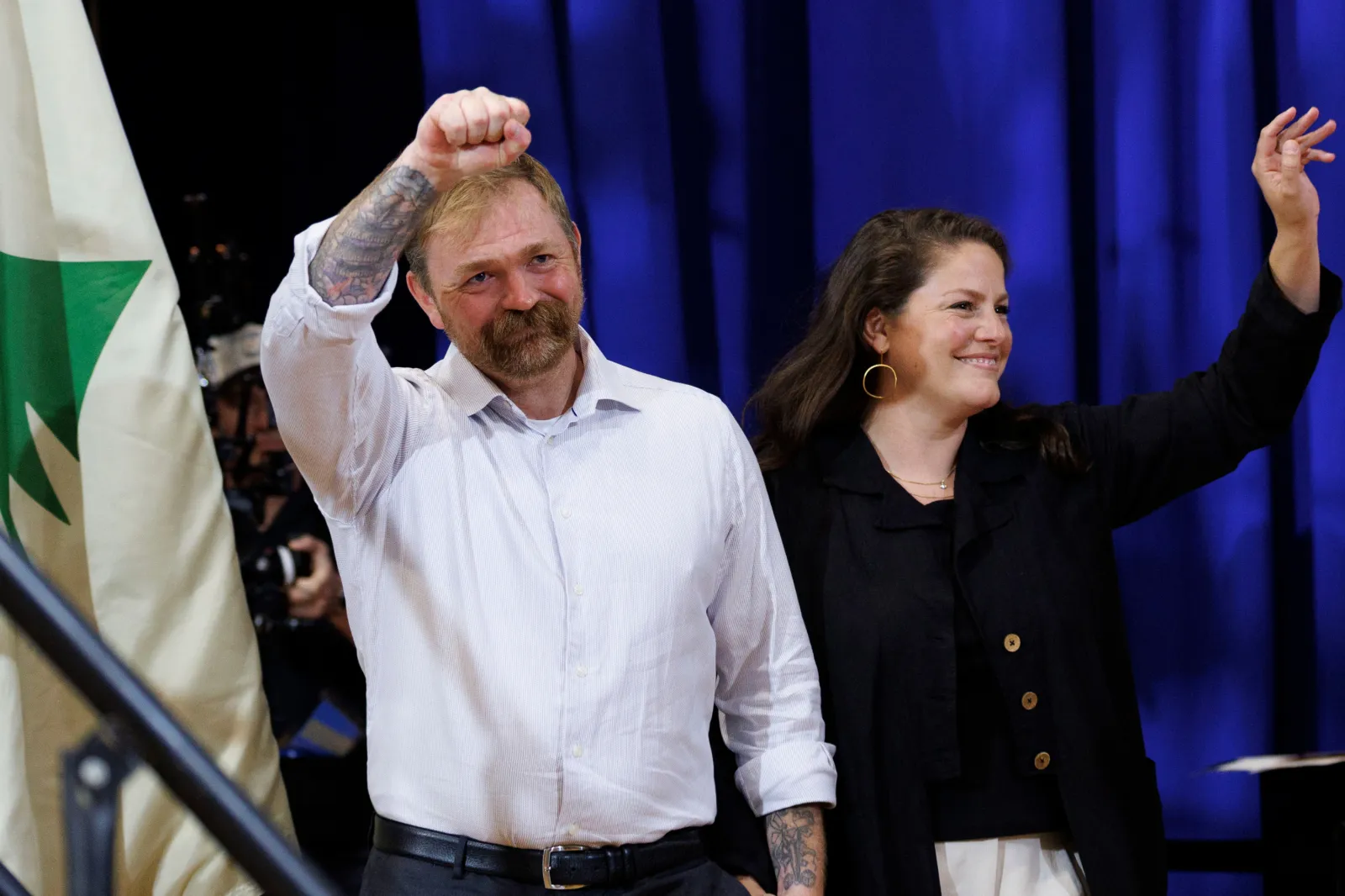 Graham Platner and his wife Amy Gertner wave to supporters as they arrive to Platner's Primary Election event on June 9, 2026 in Blue Hill, Maine. Graham Platner and his wife Amy Gertner wave to supporters as they arrive to Platner's Primary Election event on June 9, 2026 in Blue Hill, Maine.