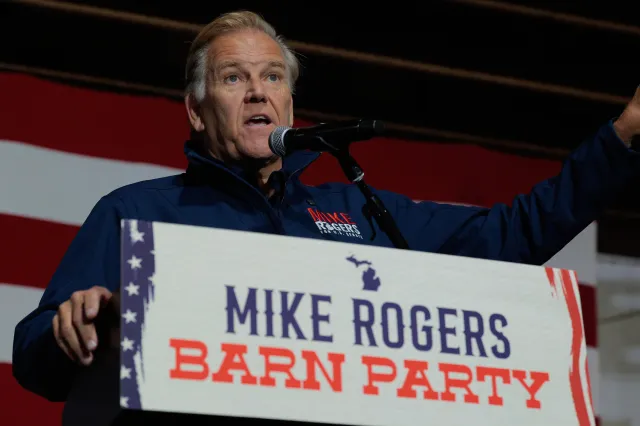 Katie Zacharia calls Abdul El-Sayed 'radical' as he gets another boost in polls 2 Mike Rogers speaks during a barn party campaign event at Hoffman Farms Winery on October 09, 2026 in Highland Township, Michigan.