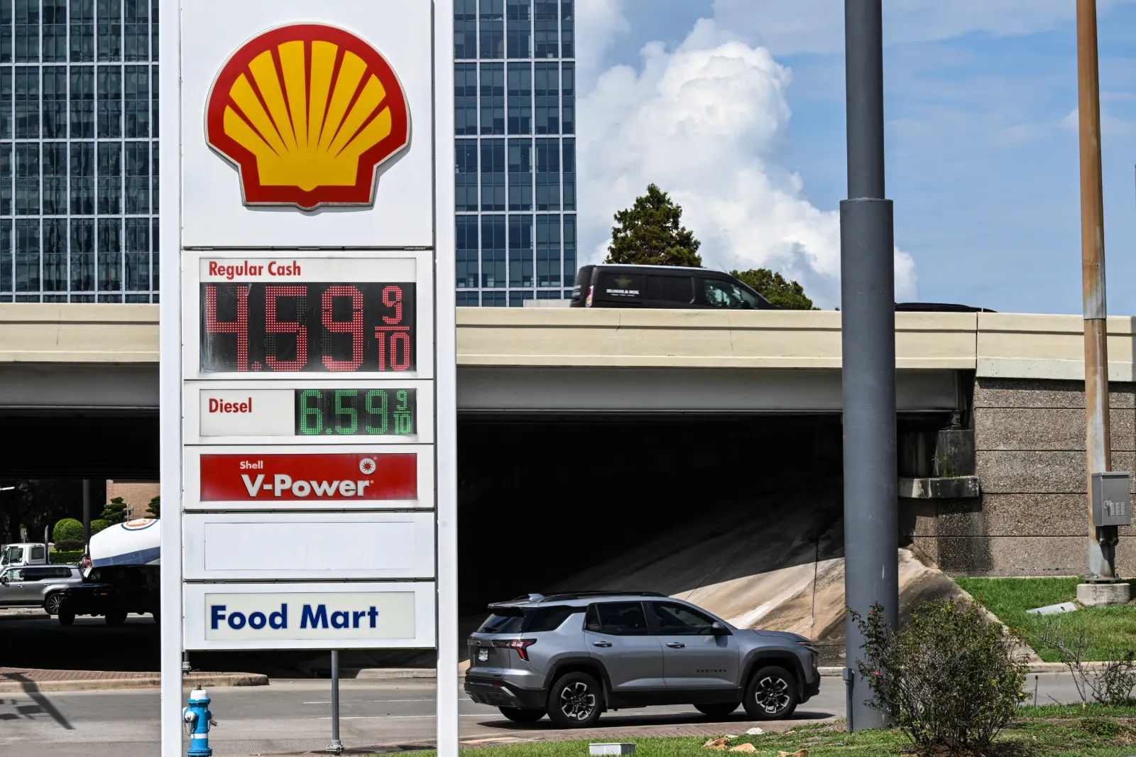 Gasoline prices are seen at a Shell gas station in Houston, on October 2, 2026.