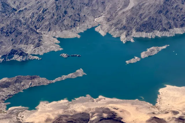 Aerial view of Boulder Basin, the northwestern arm of Lake Mead, shows the bathtub ring, an indicator of long-term water loss, near Boulder City, Nevada