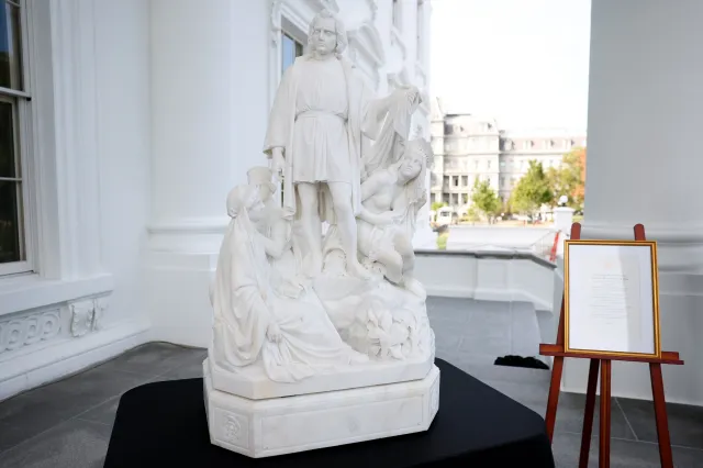 Map shows how states celebrate Columbus Day as Trump vows to protect holiday 1 A statue of Christopher Columbus is displayed on the North Portico ahead of a Columbus Day event at the White House on October 09, 2026 in Washington, DC.