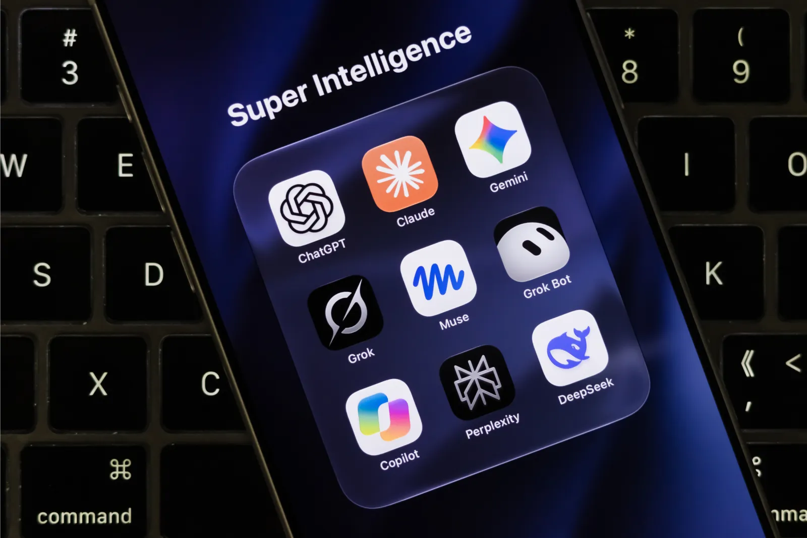 Photo illustration of a phone displaying icons for AI apps inside a folder labeled "Super Intelligence."