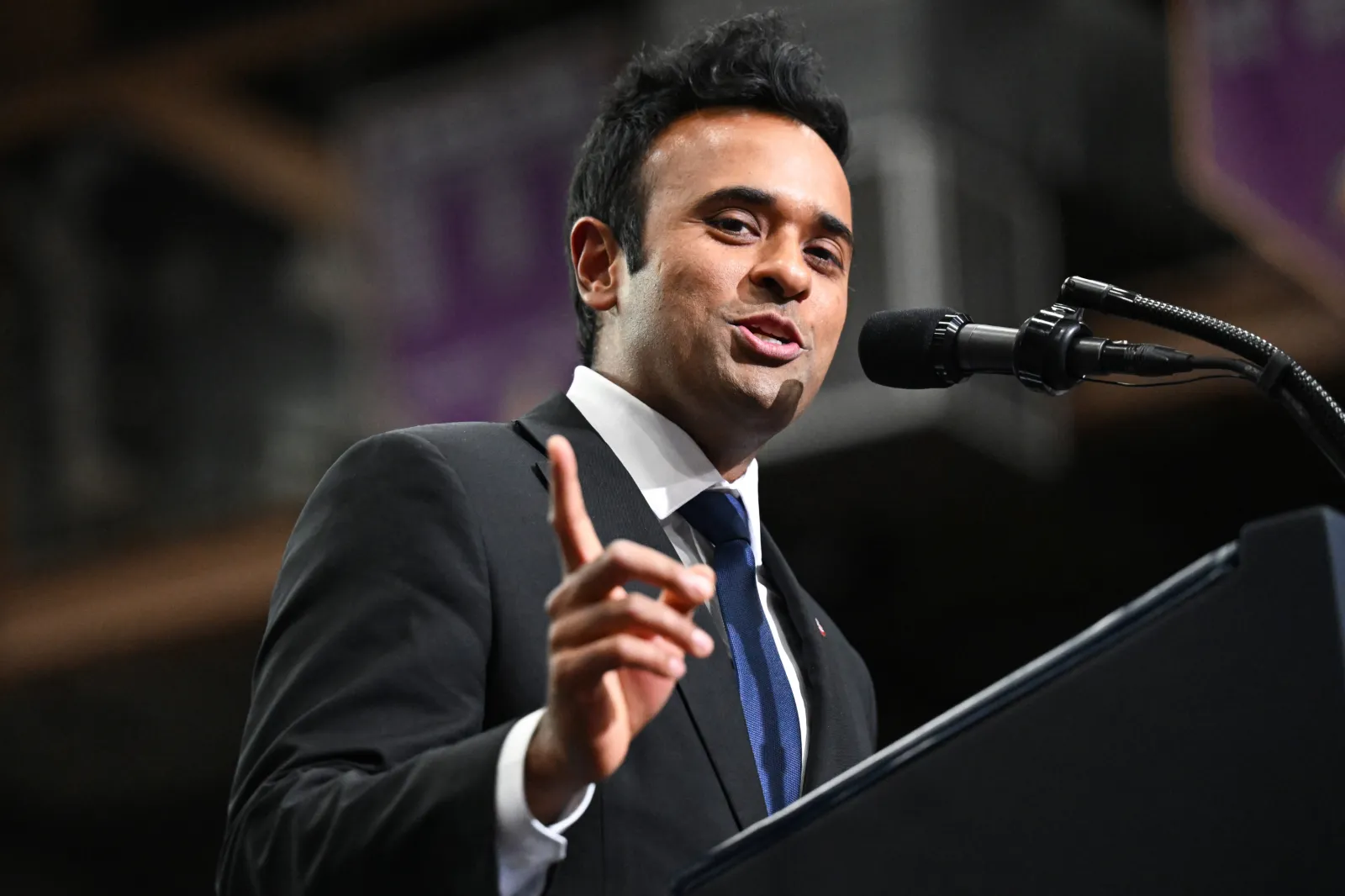 Ramaswamy speaks on stage at the Butler-Vandalia Student Activity Center during a campaign rally on October 03, 2026 in Vandalia, Ohio.