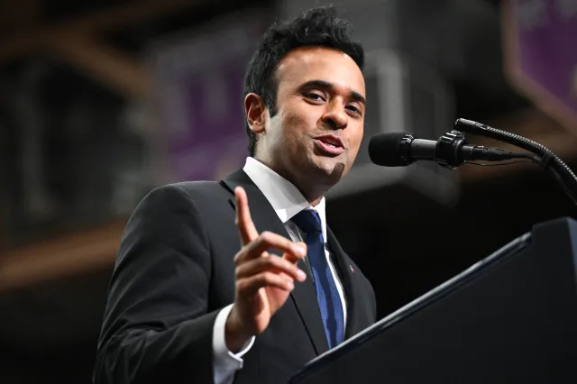 Ramaswamy speaks on stage at the Butler-Vandalia Student Activity Center during a campaign rally on October 03, 2026 in Vandalia, Ohio.