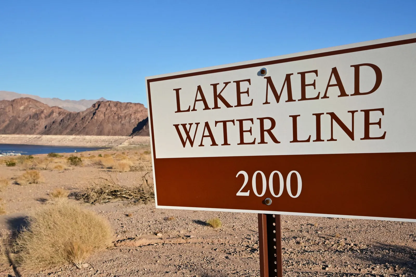 A water line marker from the year 2000 stands on dry land near the marina at drought-stricken Lake Mead on September 15, 2022, in Boulder City, Nevada