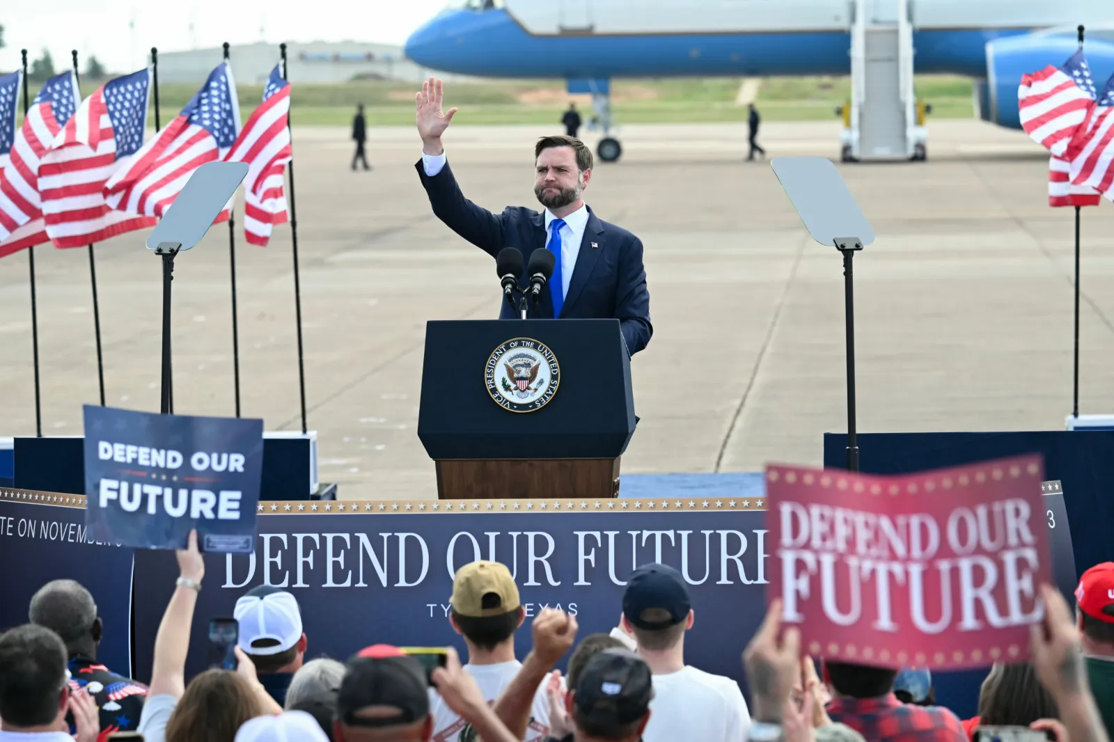 Vance speaks during a campaign rally at Tyler Pounds Regional Airport on October 13, 2026 in Tyler, Texas.