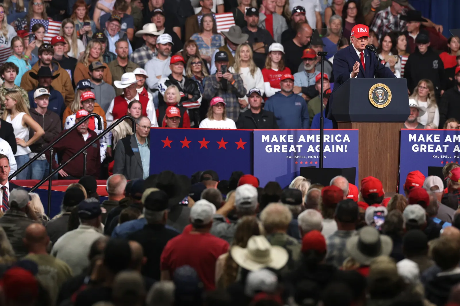 Trump speaks during an election rally at Majestic Valley Arena on October 14, 2026 in Kalispell, Montana.