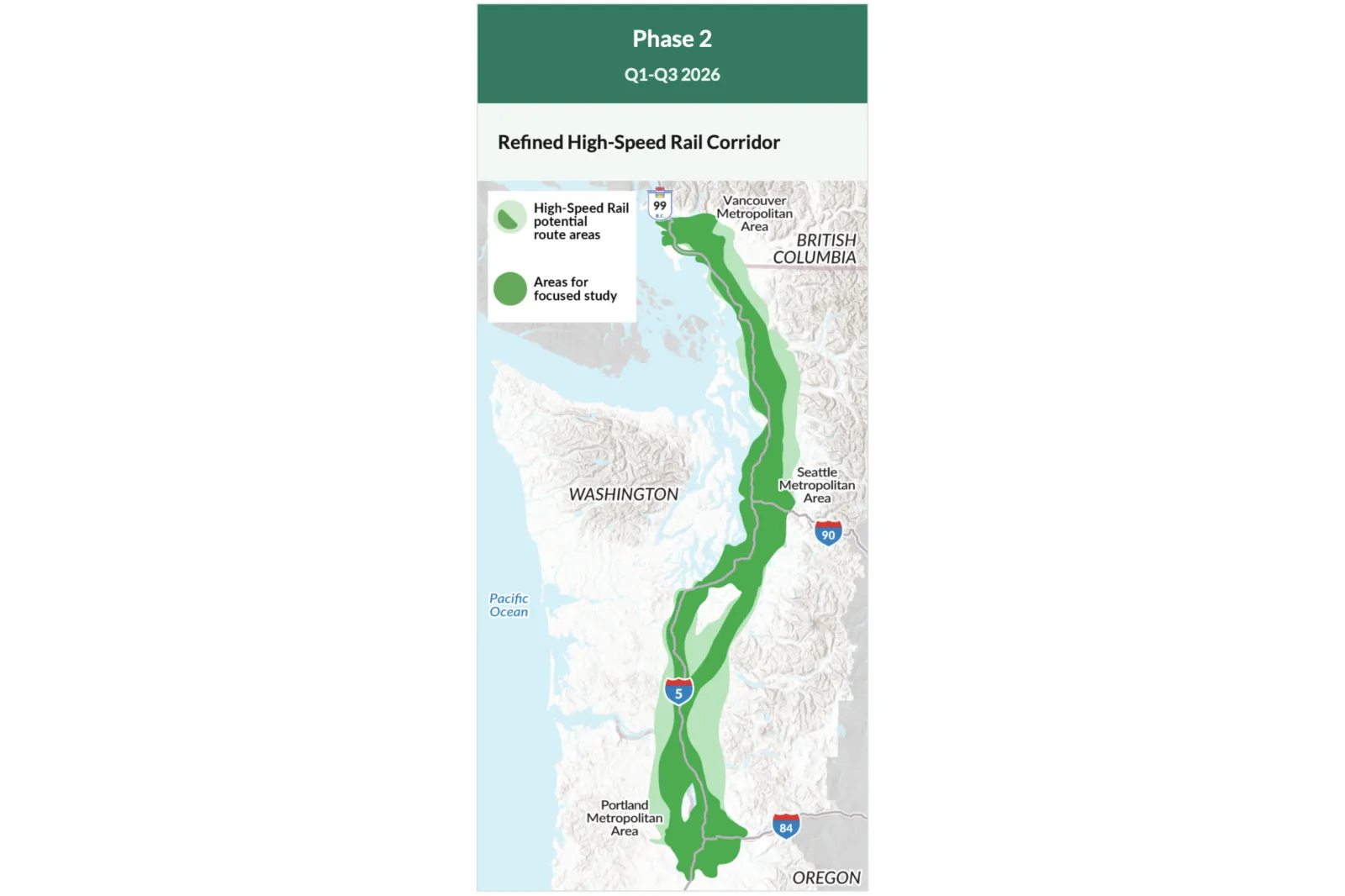 Conceptual map, released by WSDOT showing the proposed Cascadia High-Speed Rail system