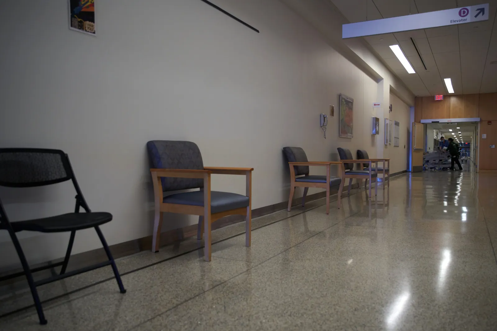 Waiting chairs in hospital corridor at UMass Memorial Hospital in Worcester, Massachusetts, December 4, 2020
