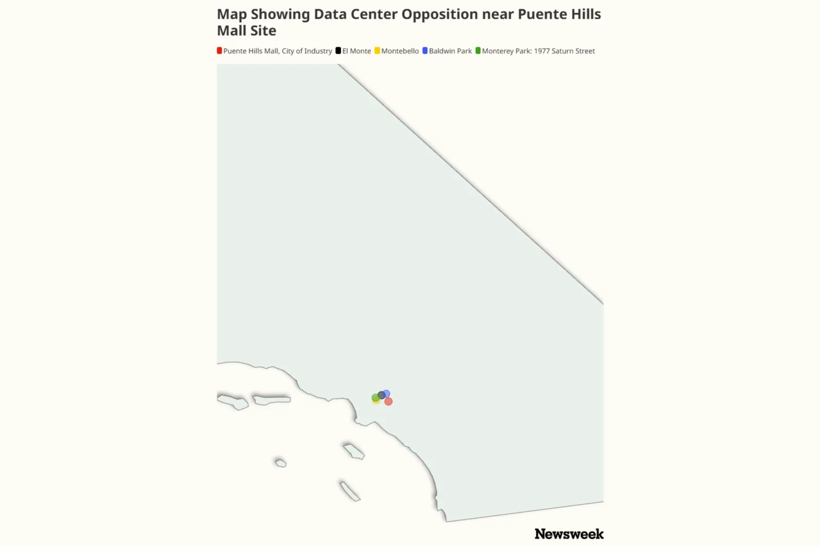 Map Showing Data Center Opposition in San Gabriel Valley, near Puente Hills Mall Site.