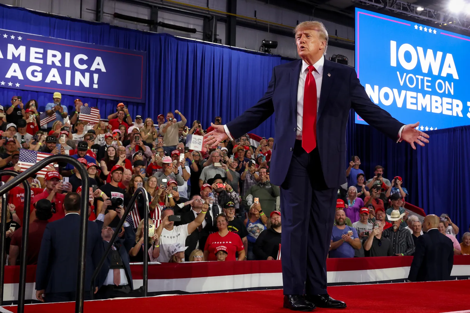 President Donald Trump departs after speaking at a rally at Sioux Gateway Airport on October 22, 2026 in Sioux City, Iowa.