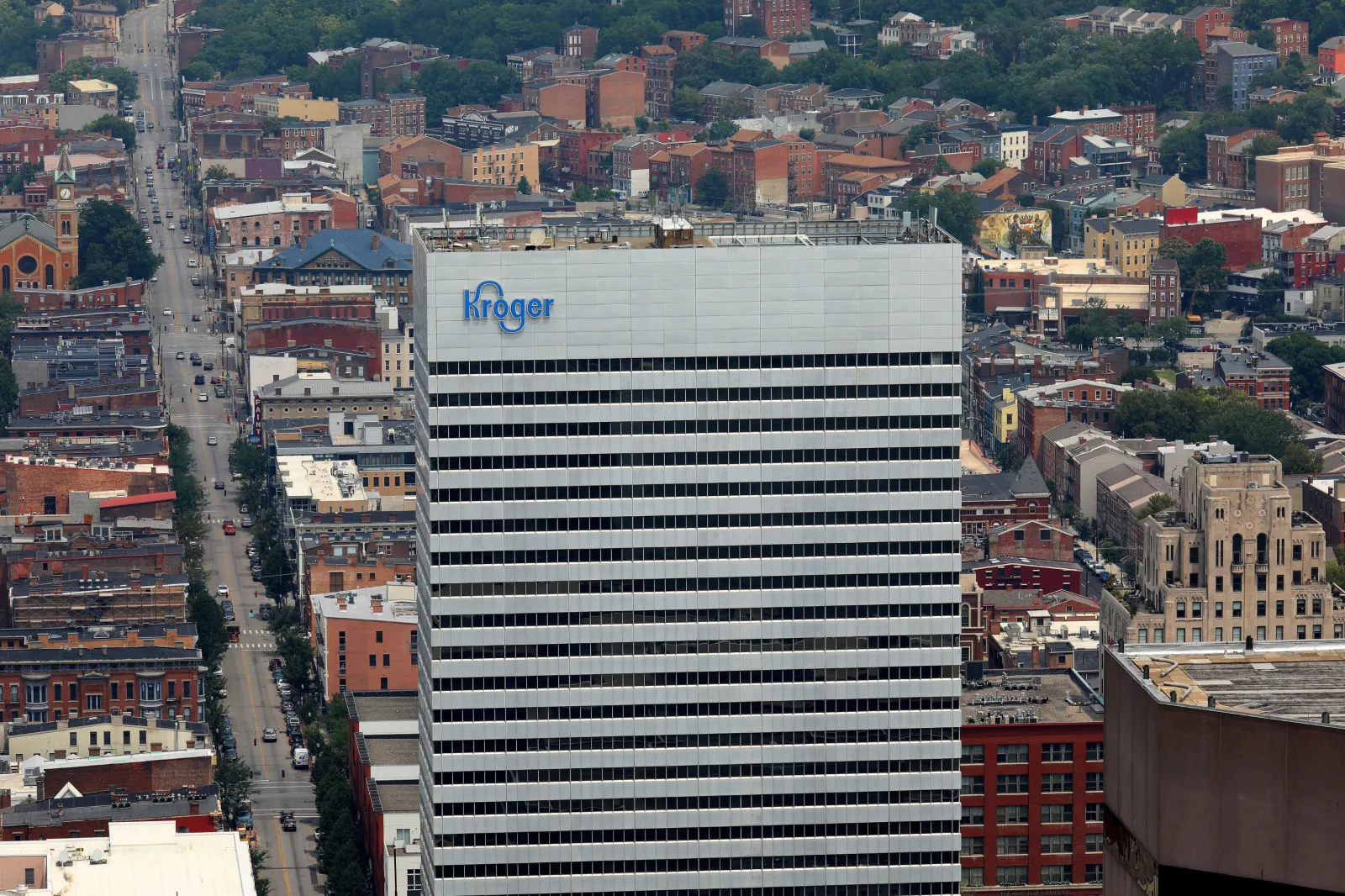 The Kroger Building is seen from the Carew Tower observatory deck in Cincinnati, Ohio, on July 22, 2017.