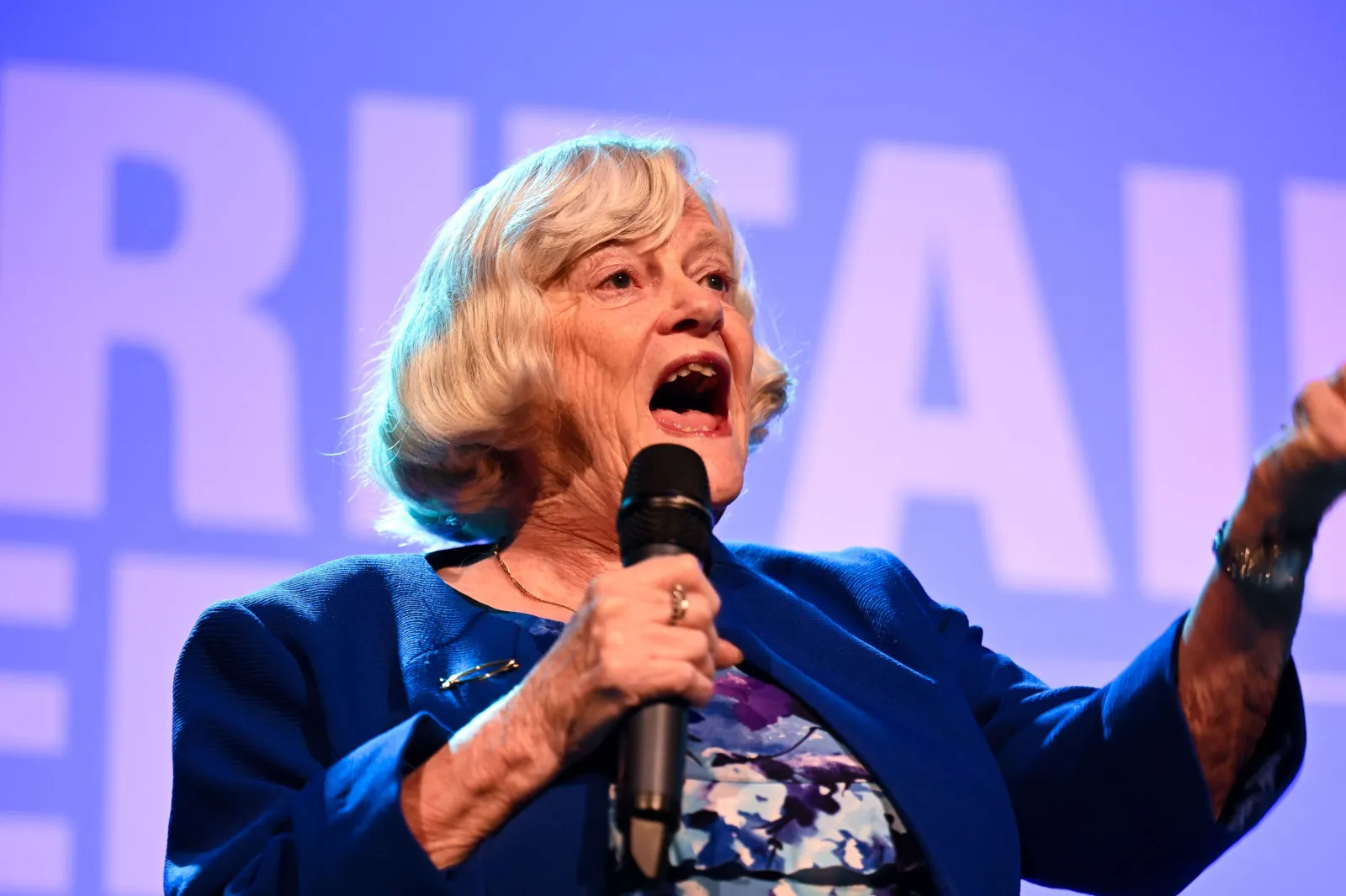 Ann Widdecombe, Immigration and Justice spokeswoman for Reform UK, speaks at the party's regional conference, in Trowbridge, England, on February 9, 2025.