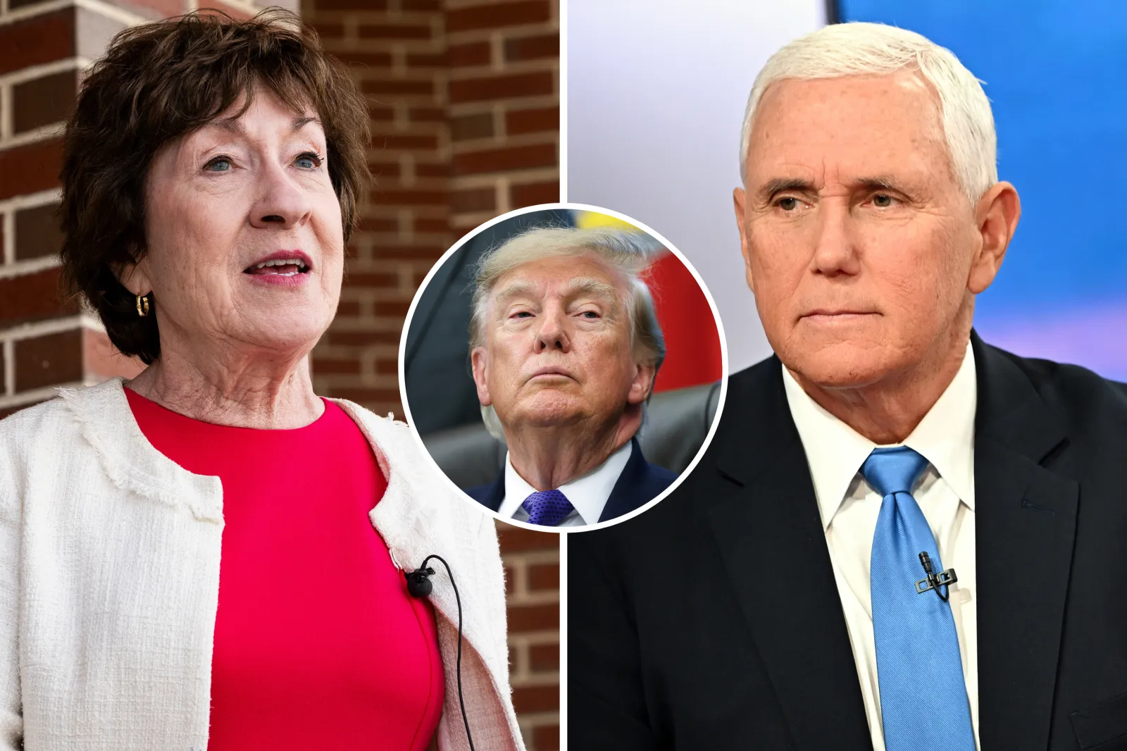 This composite image shows Republican Senator Susan Collins speaking to media in Bridgton, Maine, on May 5; President Donald Trump in the White House on September 28 in Washington, D.C.; and former Vice President Mike Pence on the set of the C-SPAN series "Ceasefire" on October 9, 2025.