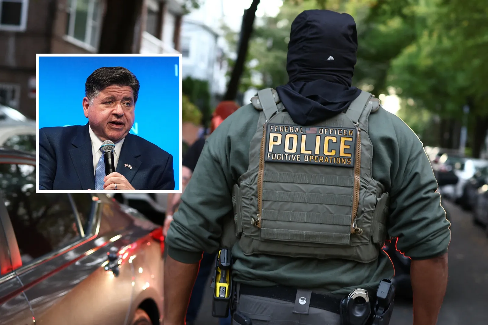 Federal agents walk near the scene where a man was shot by a U.S. Immigration and Customs Enforcement officer during an operation in the Bronx borough of New York City on October 8, while Illinois Governor JB Pritzker, inset, attends the 2026 Clinton Global Initiative Annual Meeting at the New York Hilton Midtown on September 22 in New York City.