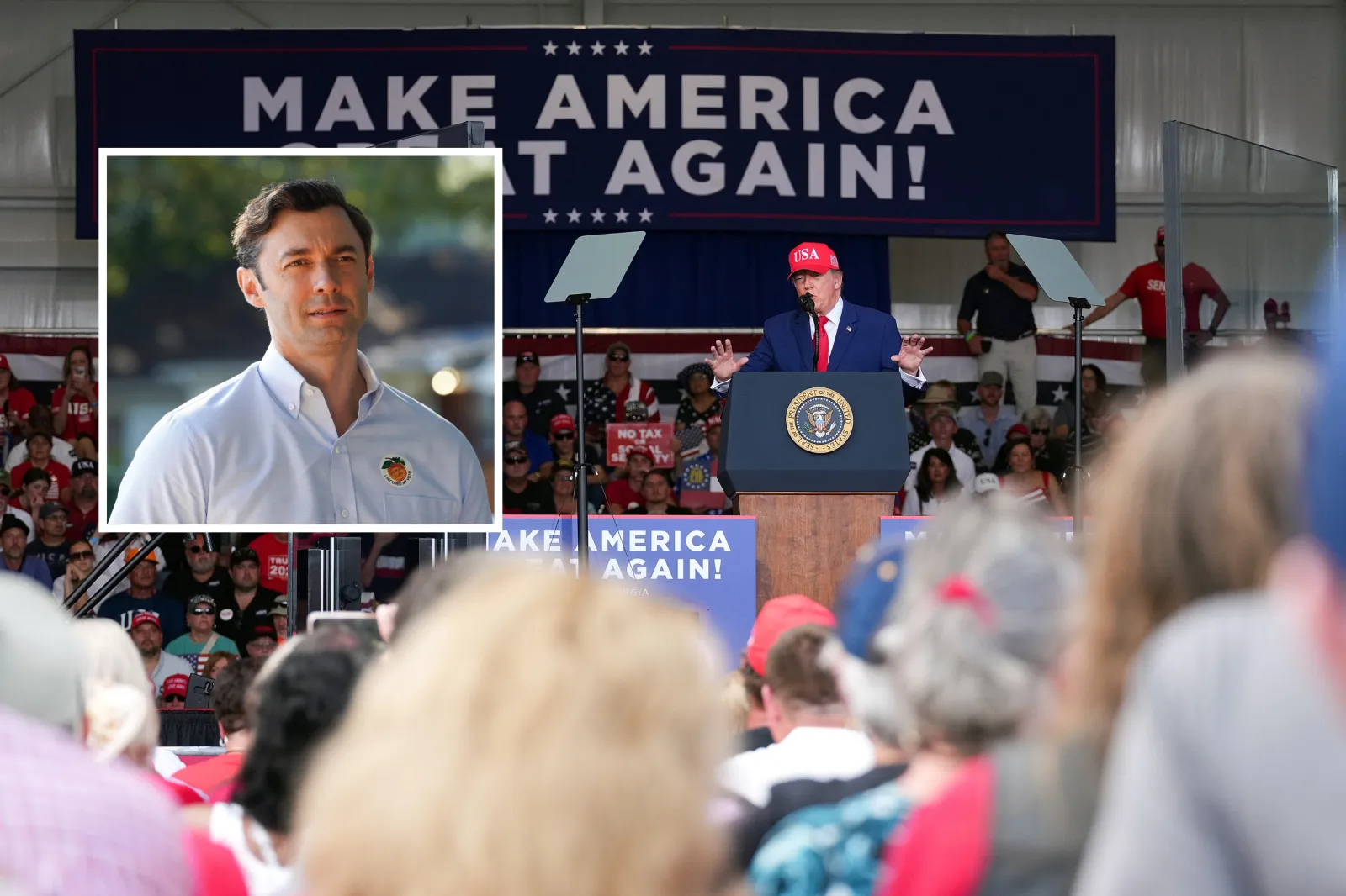 Main: U.S. President Donald Trump speaks at a campaign rally at Dalton Municipal Airport on October 16, 2026 in Dalton, Georgia. Inset: