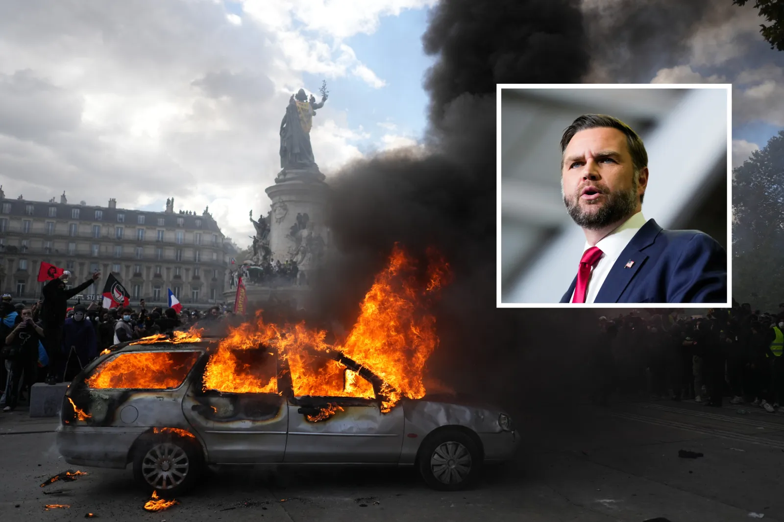 A car burns at Republique square during a protest against rising living costs, joining students' grievances, in Paris, Saturday, Oct. 17, 2026. Inset: Vice President JD Vance speaks at a midterm campaign rally at the LevelUp Training Complex in Monroe, Mich., Thursday, Oct. 15, 2026.