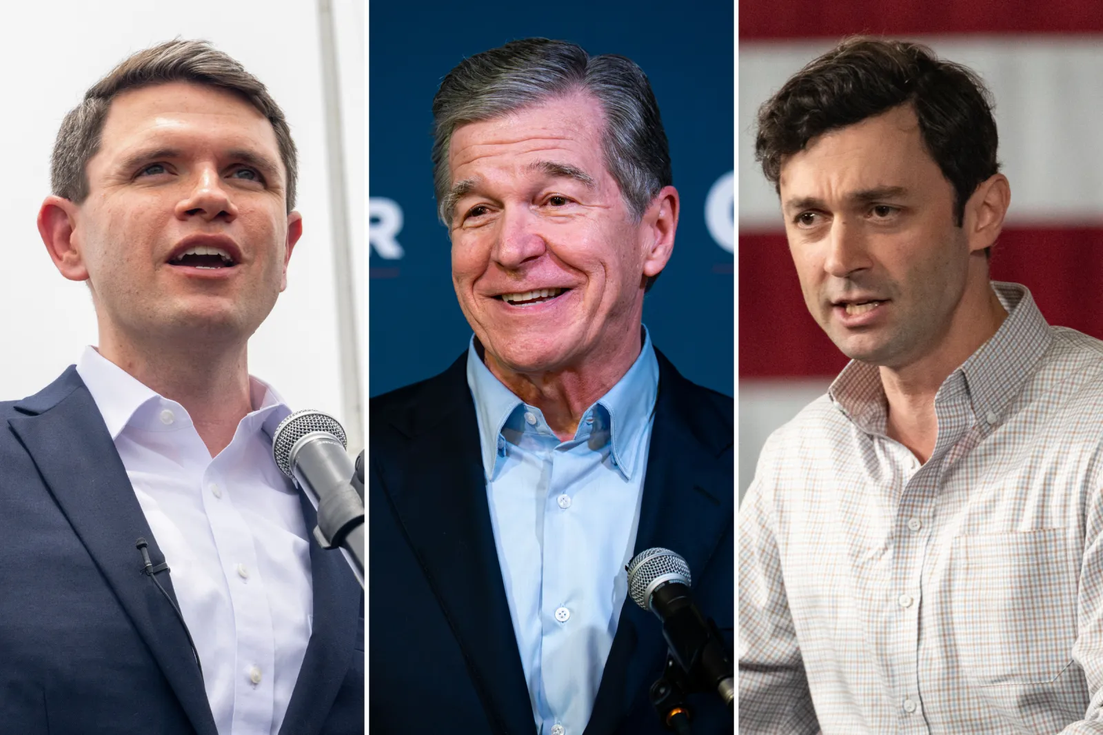 Texas state Representative James Talarico, left, speaks during a campaign stop in Laredo on July 14, 2026. Former North Carolina Governor Roy Cooper, center, speaks in Raleigh on March 4, 2026. Georgia Senator Jon Ossoff speaks during a campaign event in Atlanta on March 9, 2024.