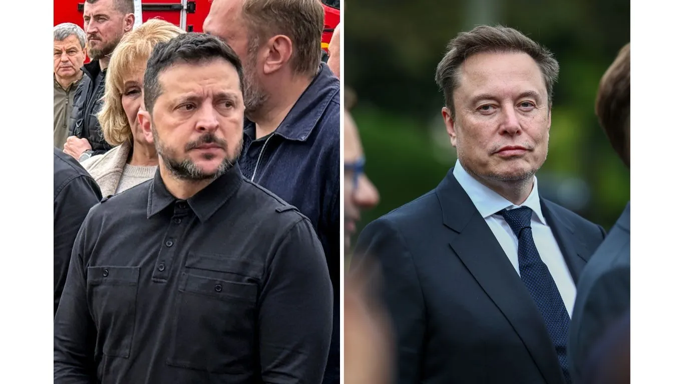 Volodymyr Zelensky (left) in Pryluky, Ukraine, on October 8, and Elon Musk (right) at a press briefing outside of the White House on September 29.