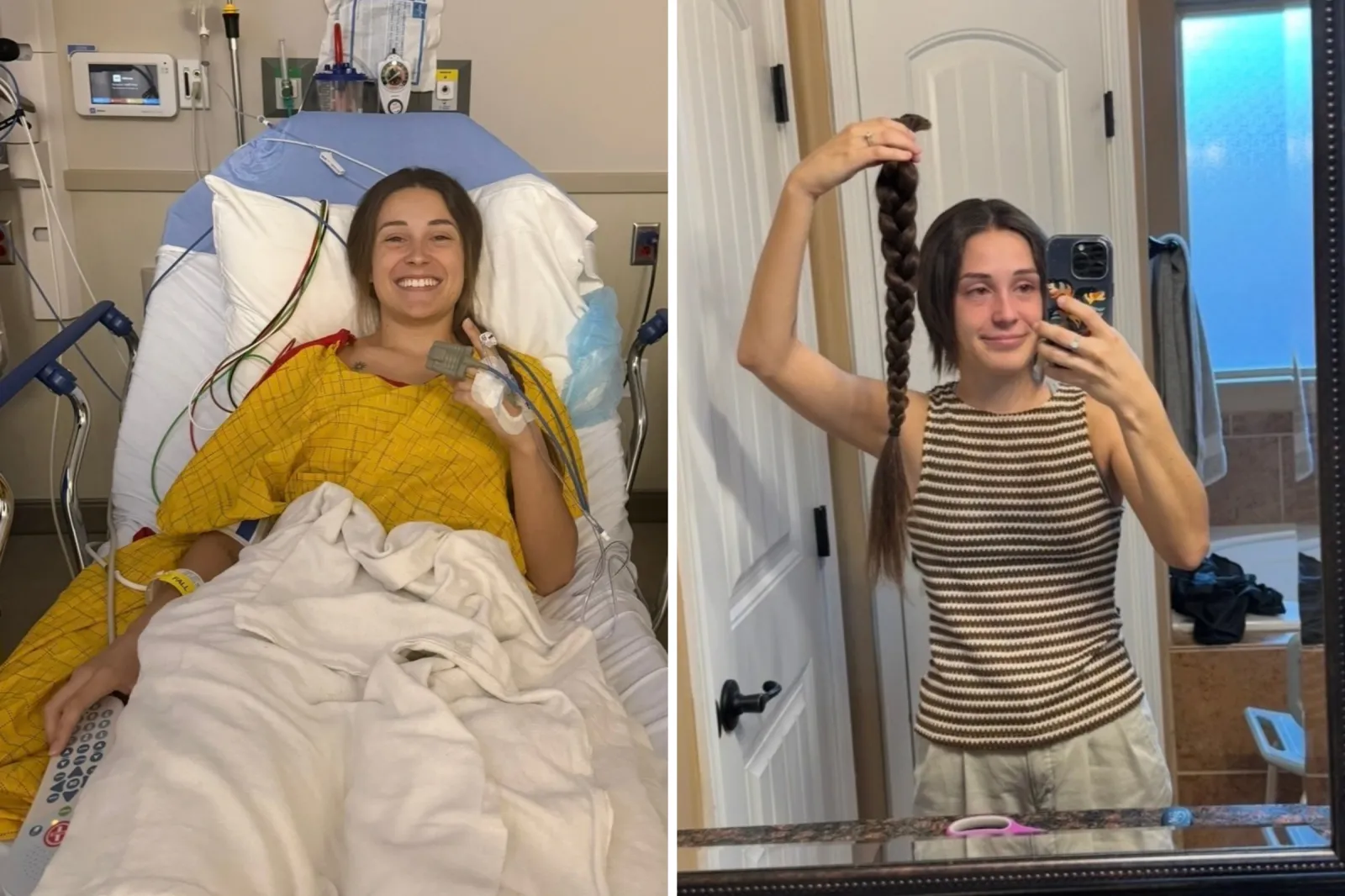 From left: Jaden Slaughter lying in a hospital bed, and after cutting her hair.