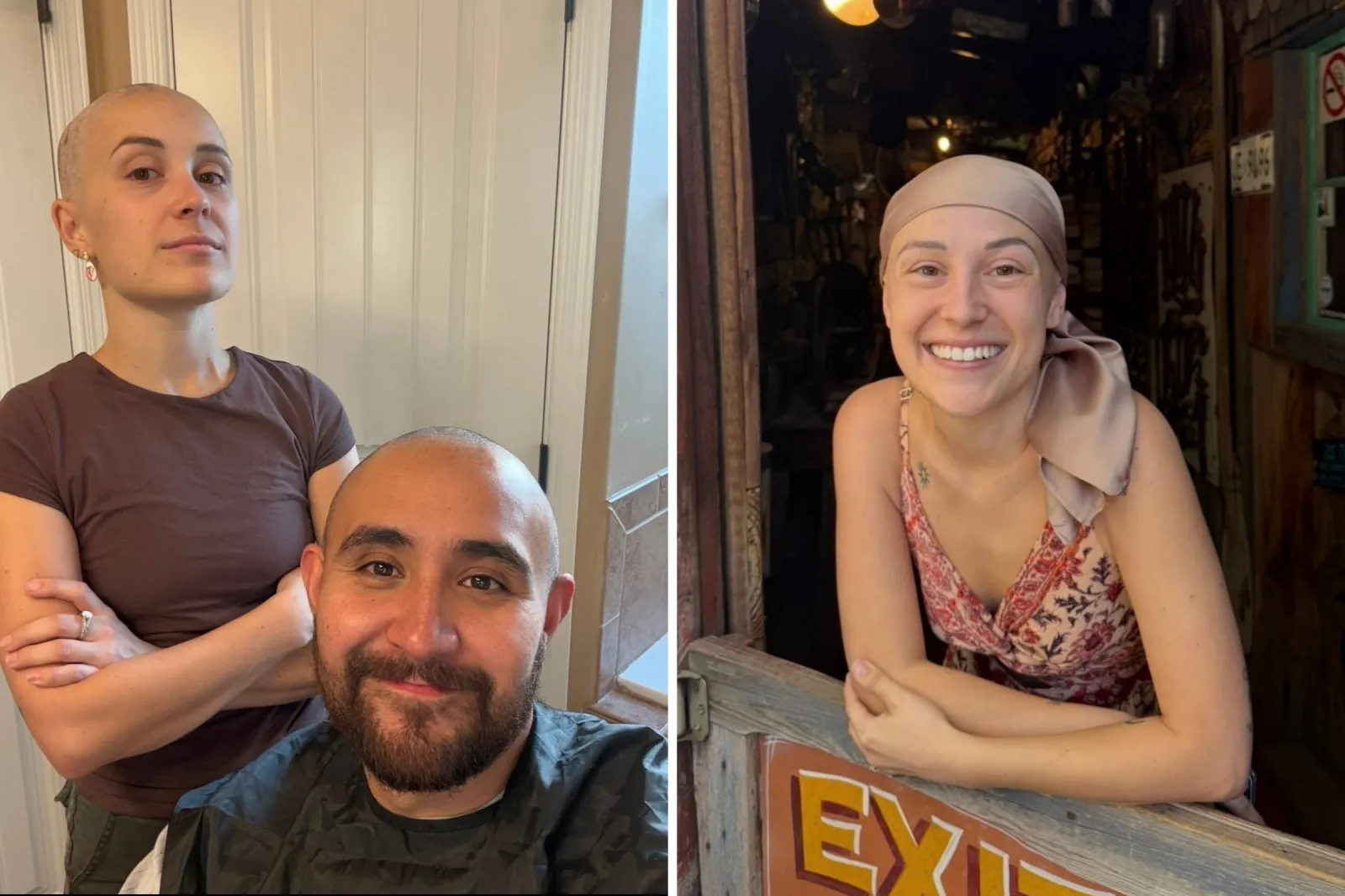 From left: Jaden Slaughter and her husband Malachi after shaving their heads, and Jaden smiling during a trip.