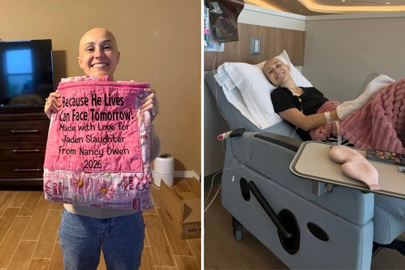 From left: Jaden Slaughter holding a handmade gift, and pictured in hospital.