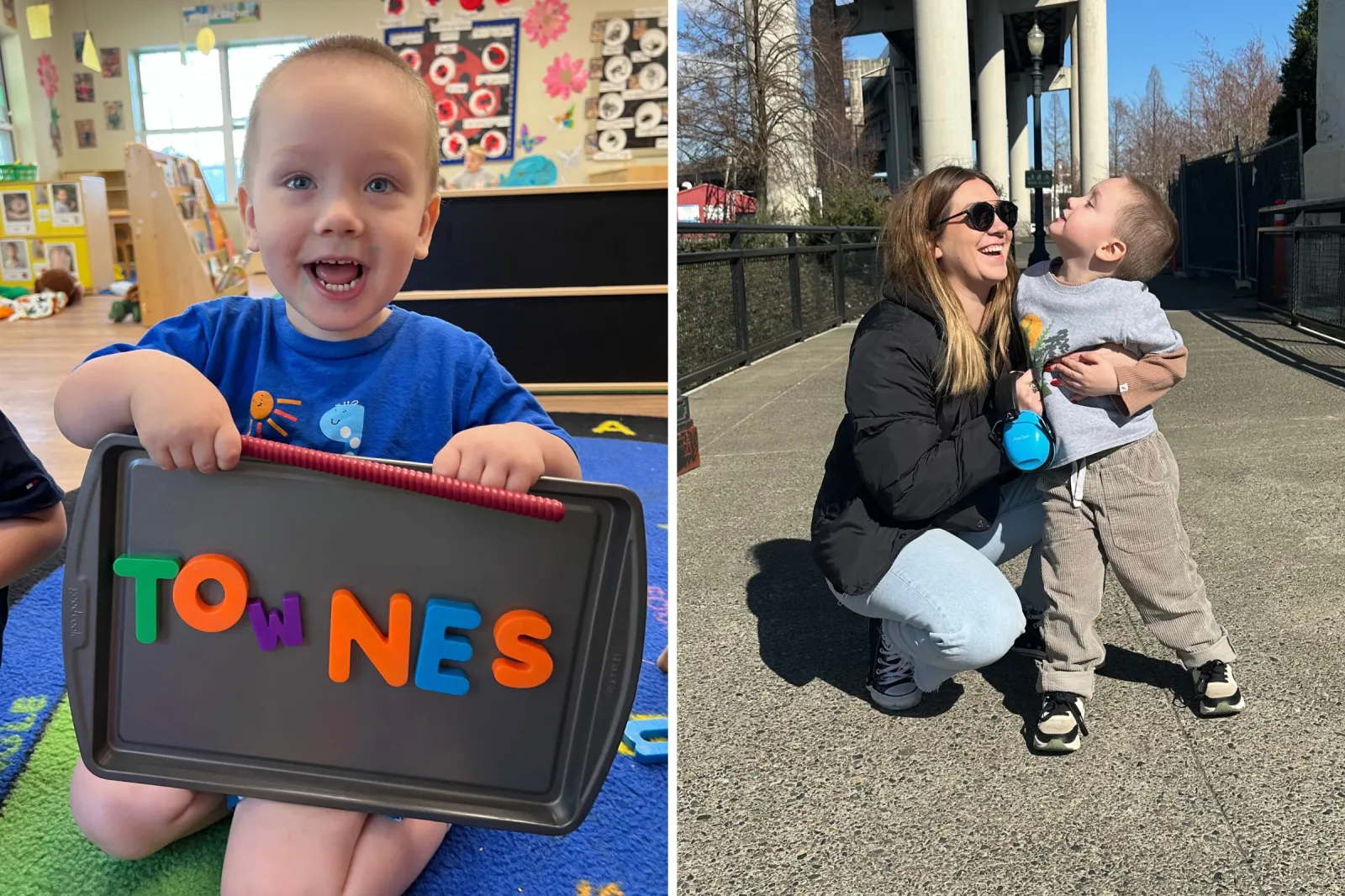 From left: Townes holding up his work, and with his mom, Annie Snoots.