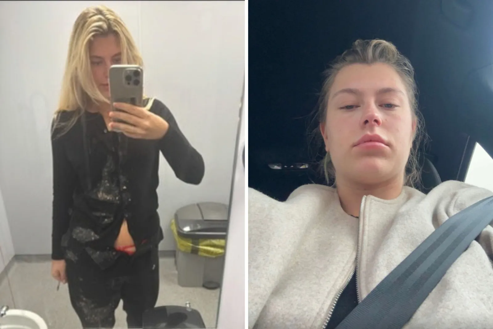 From left: Molly Green feeling unwell from the pressure, and sitting alone in her car.