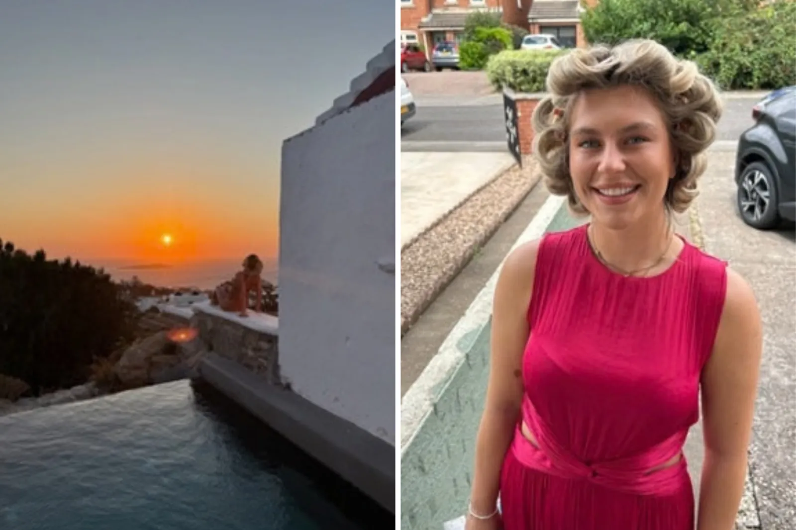 From left: Molly Green by a pool on vacation, and getting ready for an event.