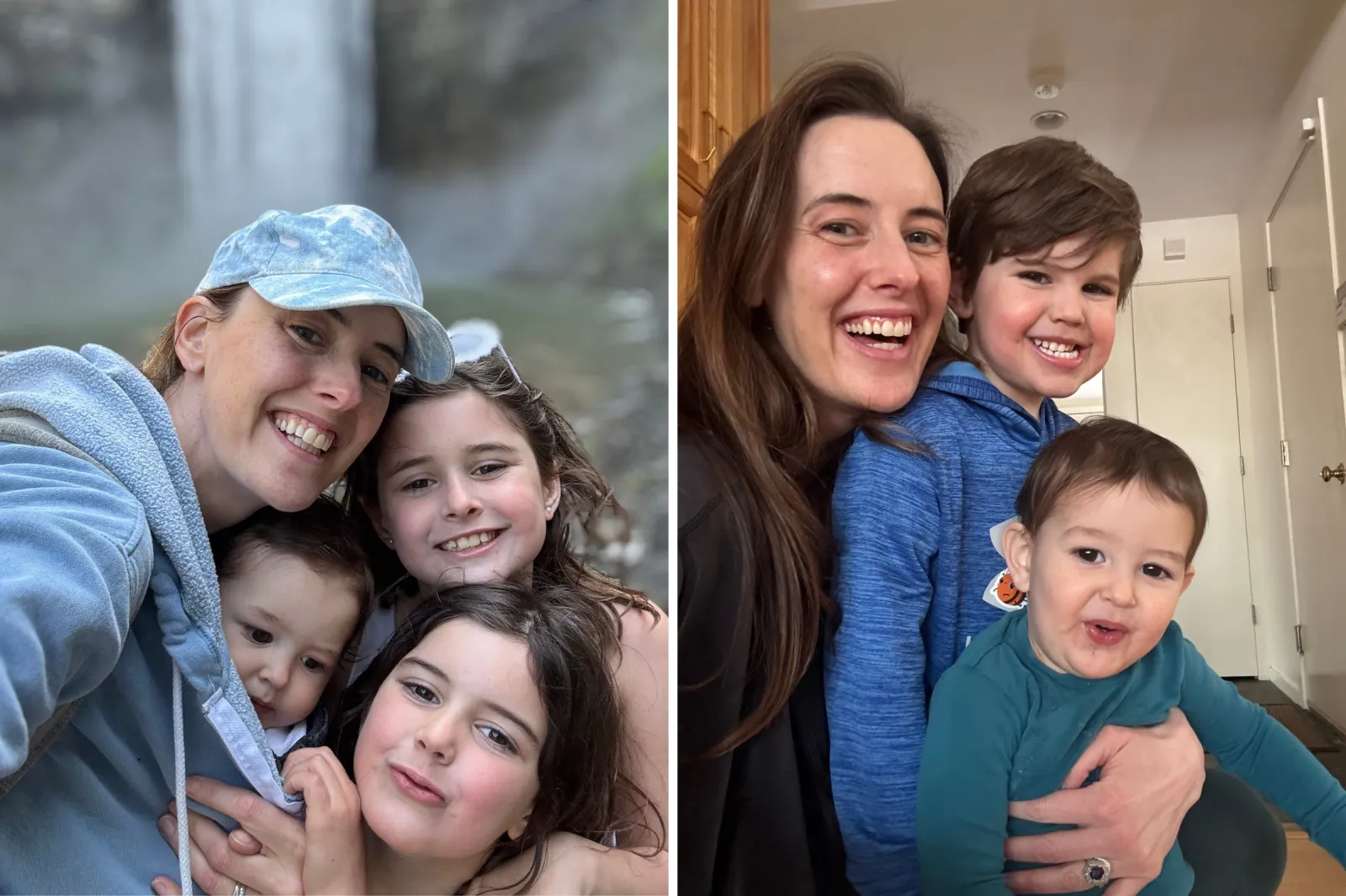 From left: Julia Sinnott poses with her children Rose, Grace and Liam, and cuddles indoors with her two sons, Liam and Jack.