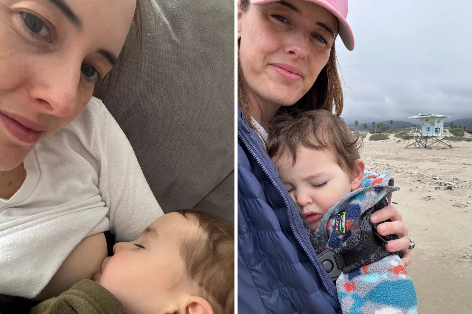 From left: Julia Sinnott breastfeeds a son, and holds one of her sons in a carrier on a beach.