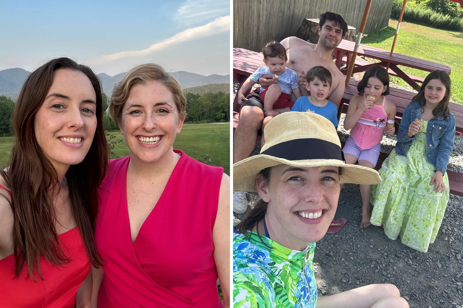 From left: Julia Sinnott takes a selfie with her sister Sinead, and poses outdoors with her husband and children.