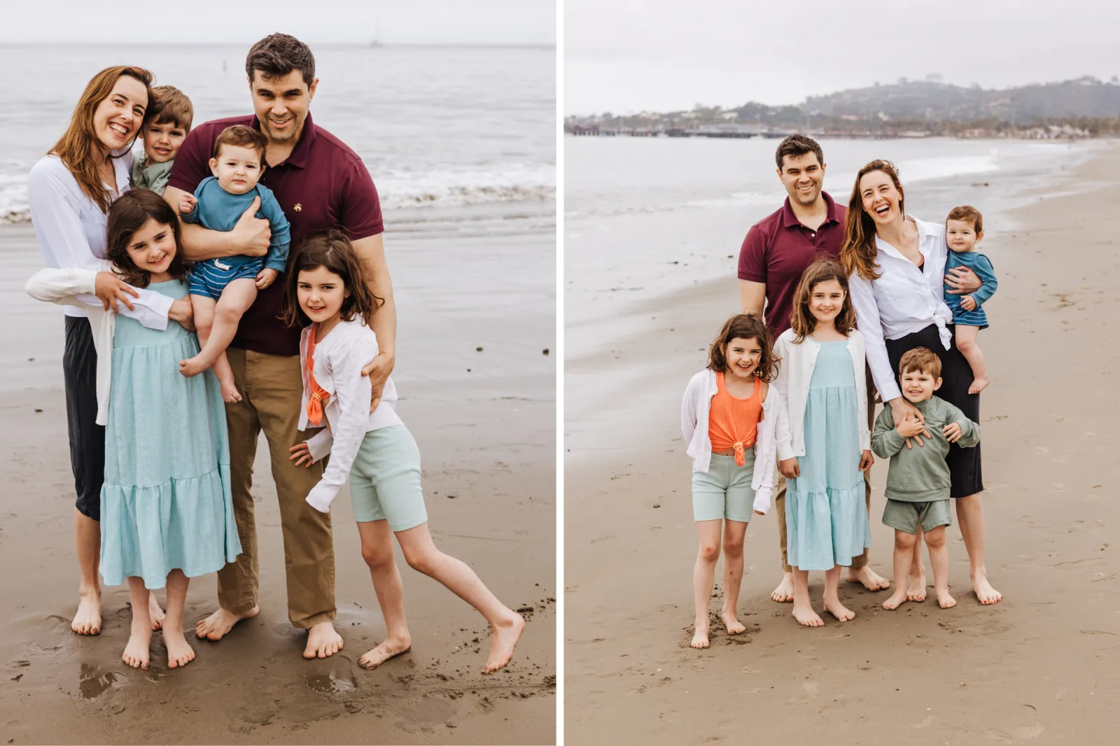 From left: Julia Sinnott poses on a beach with her husband and their four children on the beach.