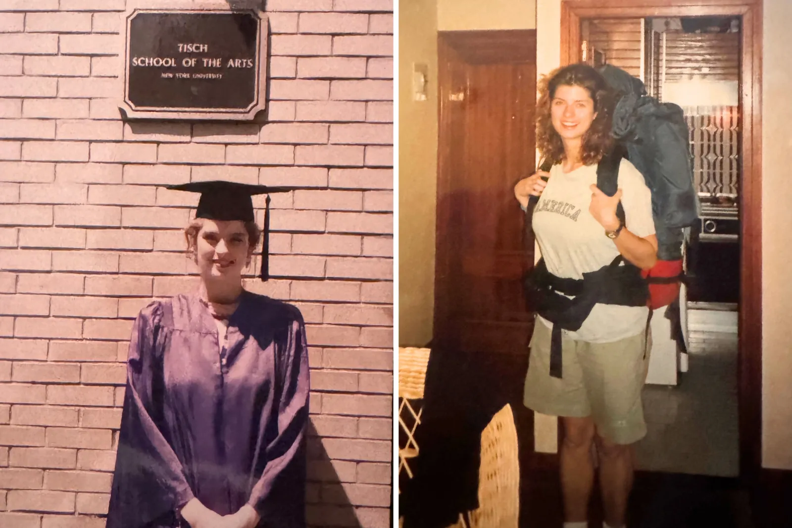 From left: Abigail Seymour poses at her NYU graduation in May 1989; and leaves for the Camino in 1995.