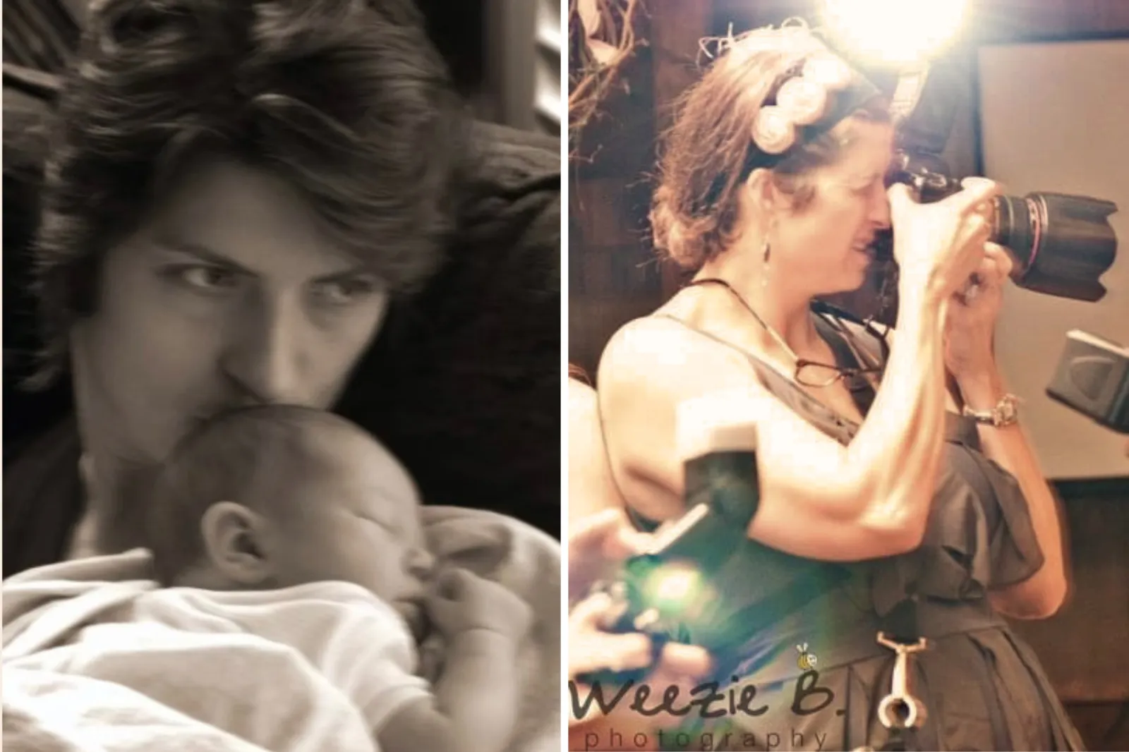 From left: Abigail Seymour cuddles up after the birth of her first child, and takes pictures as a wedding photographer.