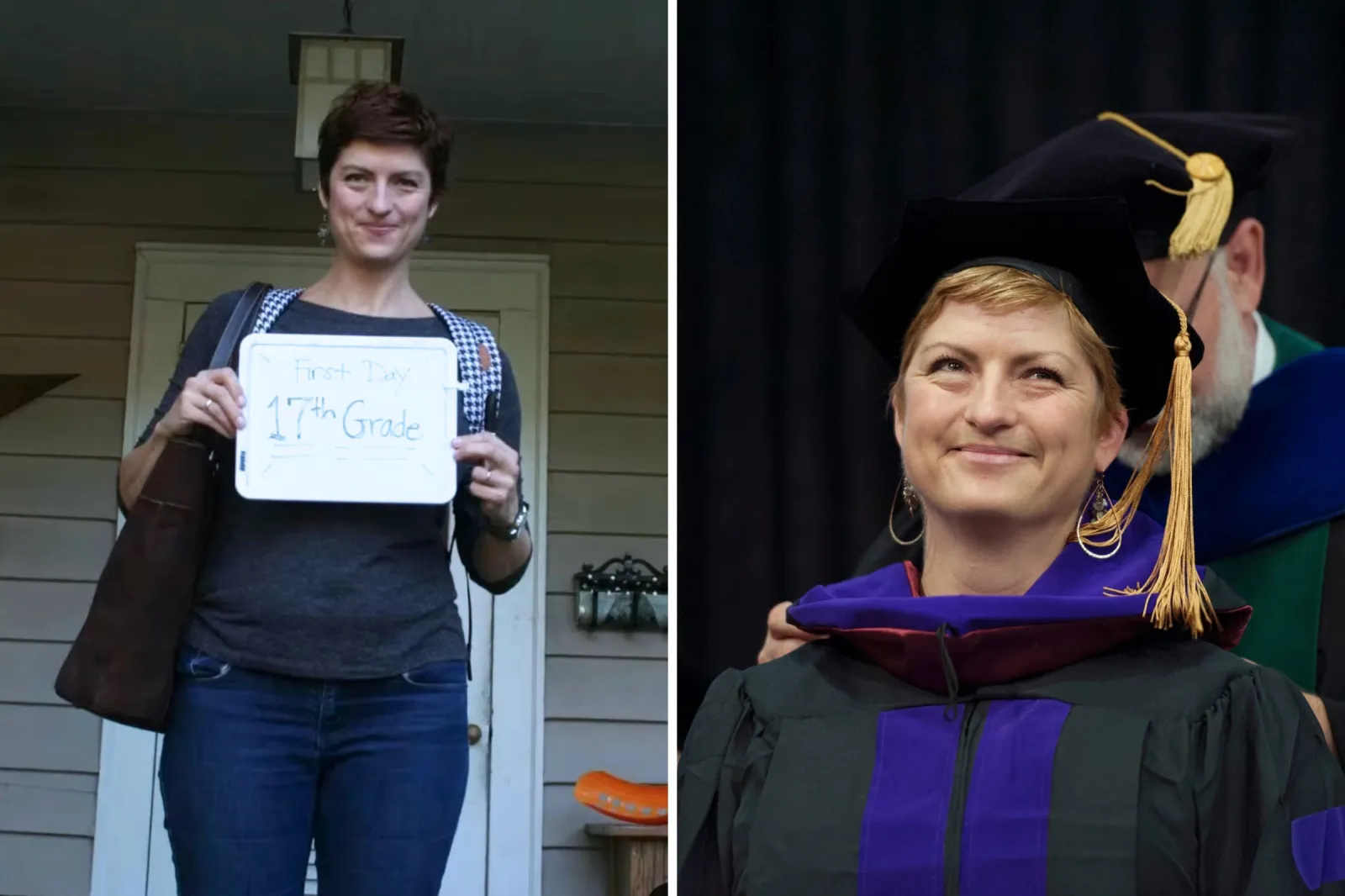 From left: Abigail Seymour holds a sign on her first day of law school in 2014, and smiles at her graduation in 2017.
