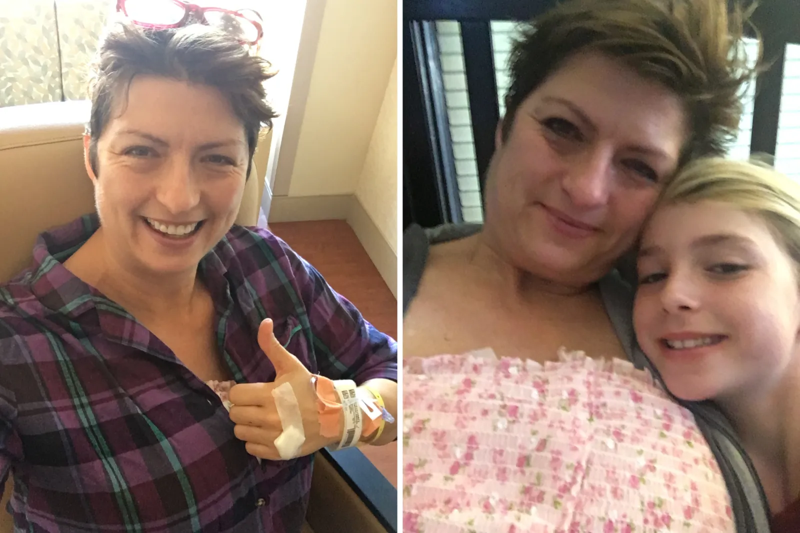From left: Abigail Seymour gives the thumbsup after recovering from breast cancer surgery in 2017; and poses with her child.