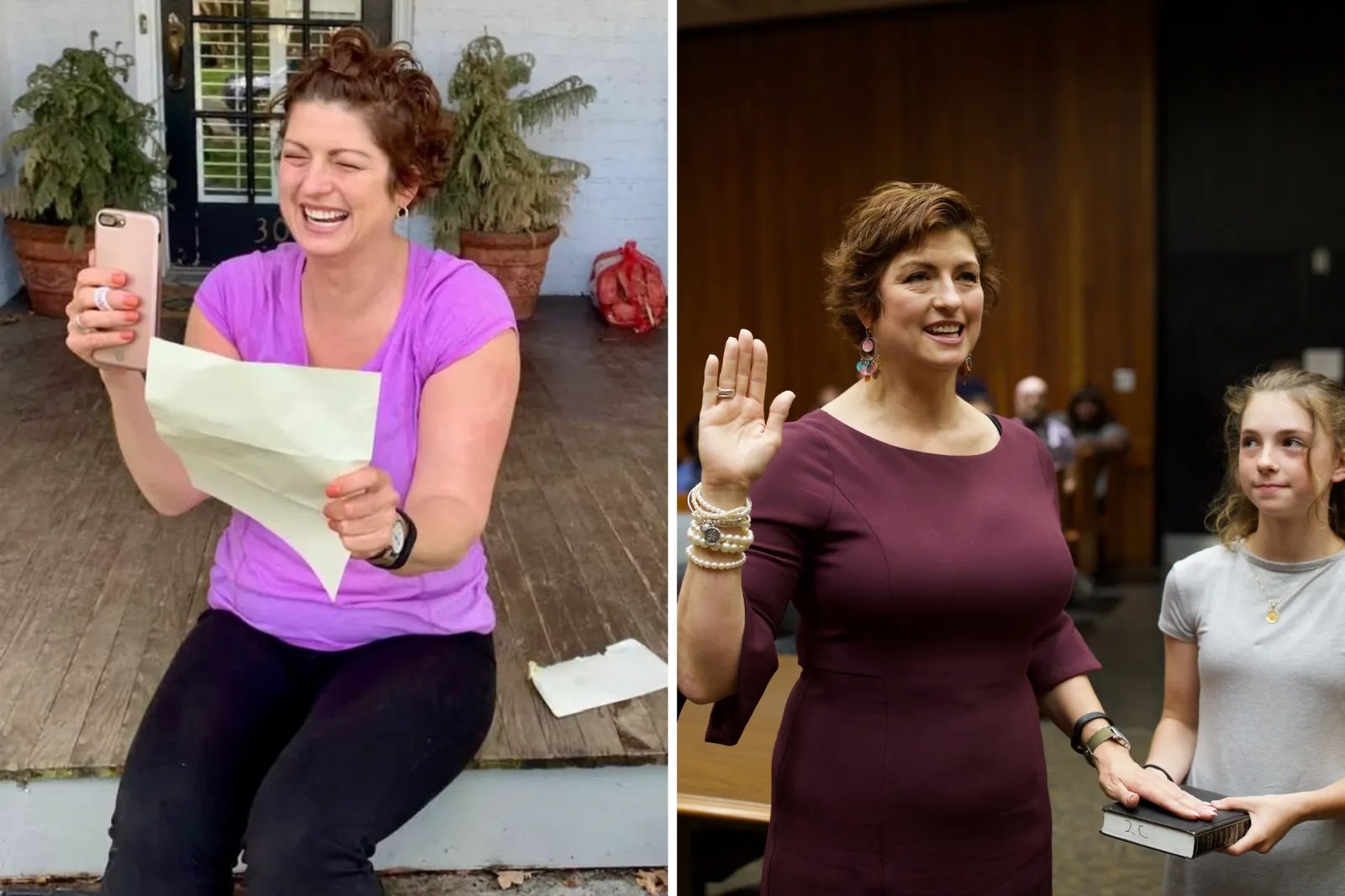 From left: Abigail Seymour celebrates that she passed the bar in April 2019, and gestures during her swearing in ceremony in May 2019.