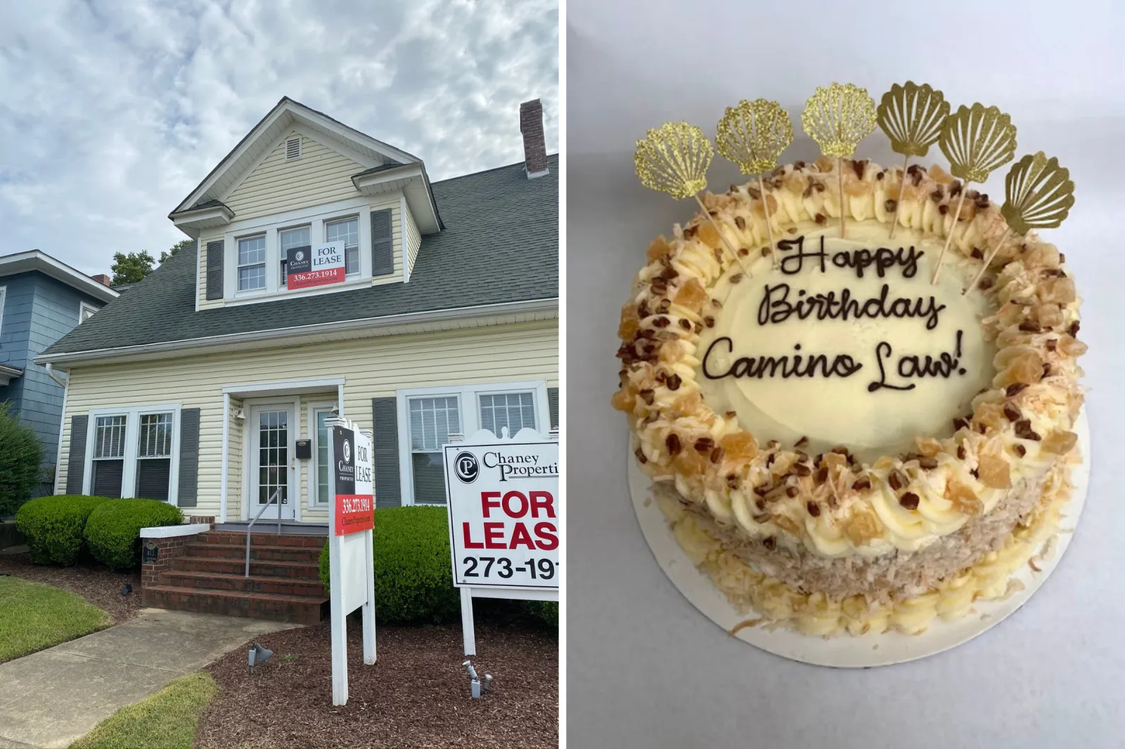 From left: the Camino Law property is seen from the front, and a cake celebrates the company's anniversary.