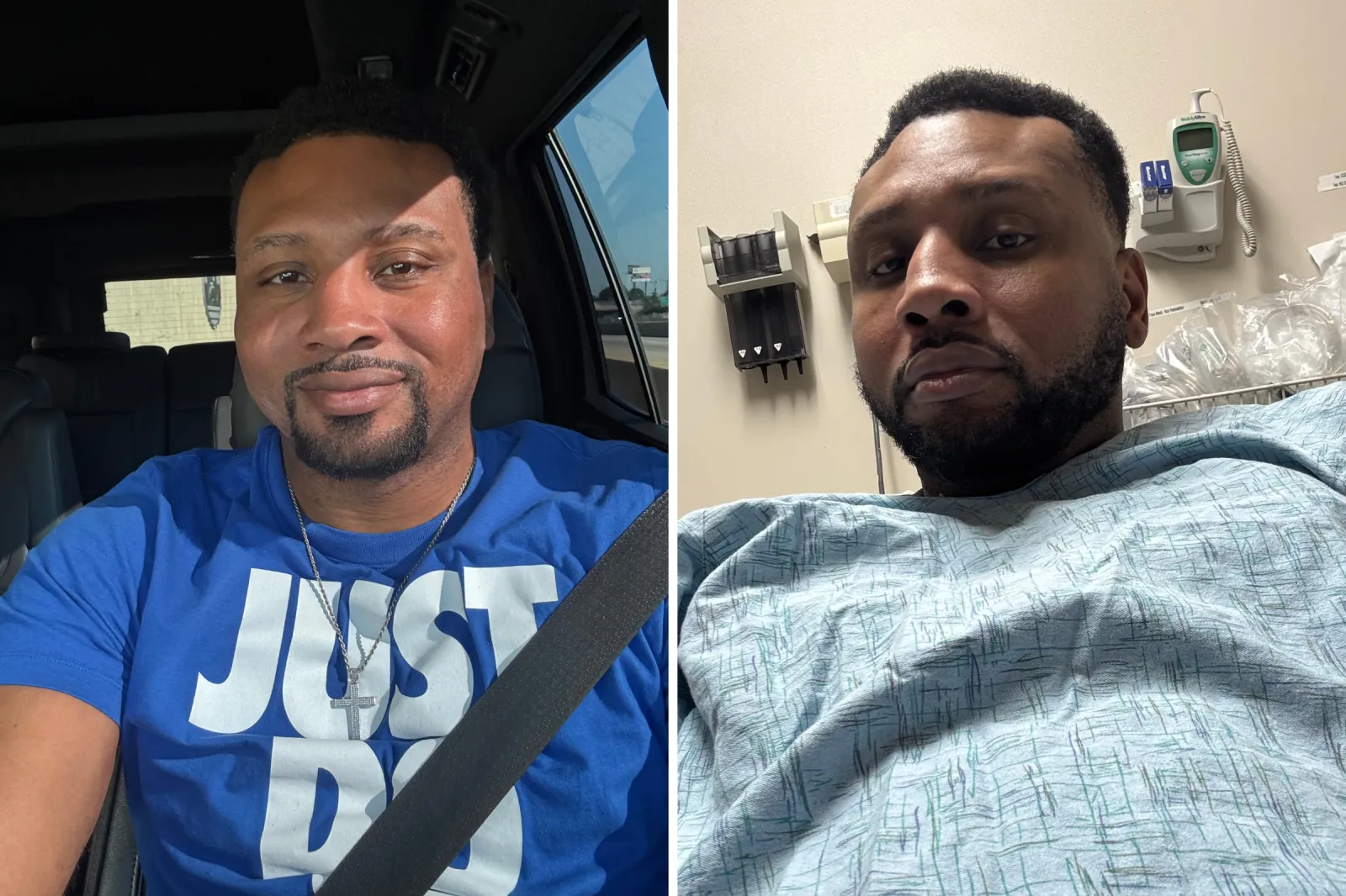 From left: Dr. Alfred Dewayne Sutton in his car and taking a selfie in the hospital.